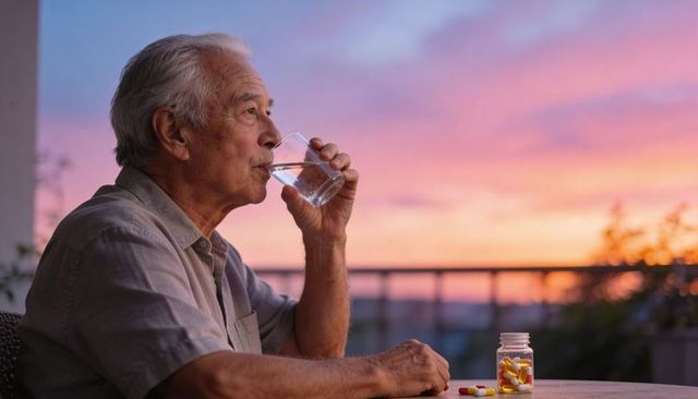 Elderly man drinking water on balcony at sunset with prescription bottle
