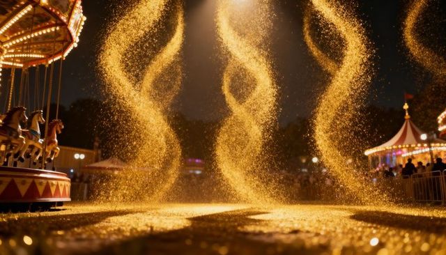 Golden spiral lights glowing over night fair with vintage carousel and bundled crowd