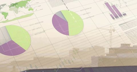 Urban data dashboard overlaying rooftop with pie charts, candlestick analytics and map