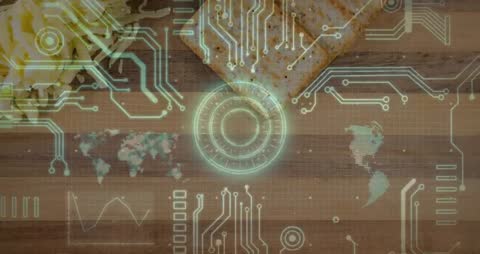 Looping holographic HUD mapping data over wooden tabletop with neon circuitry overlay