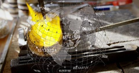 Digital World Concept with Glowing Global Interface and Fire