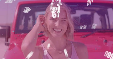 Smiling Woman Posing Beside Vibrant SUV with Digital Overlay