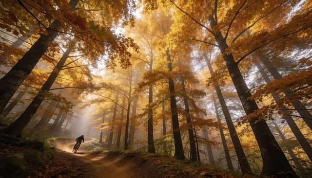 Mountain biker riding through misty autumn forest trail kicking dust under golden canopy