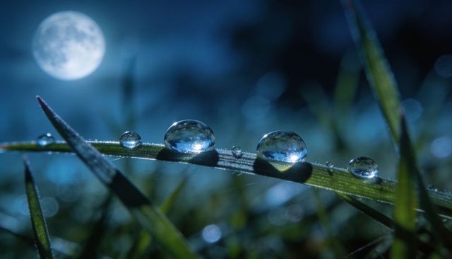 Moonlit dew droplets glistening on grass blade with full moon and soft bokeh nightscape