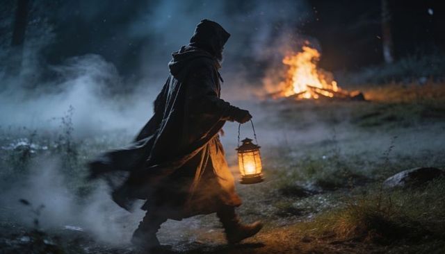 Hooded traveler walking with lantern through misty forest clearing toward bonfire at night