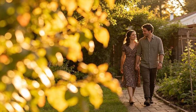 Couple walking hand in hand on brick path through sunlit backyard garden at golden hour