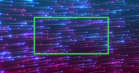 Neon green frame hovering over futuristic blue-purple motion trails with glowing pixels