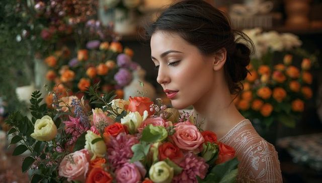 Young woman smelling rose and dahlia bouquet wearing lace top in florist shop