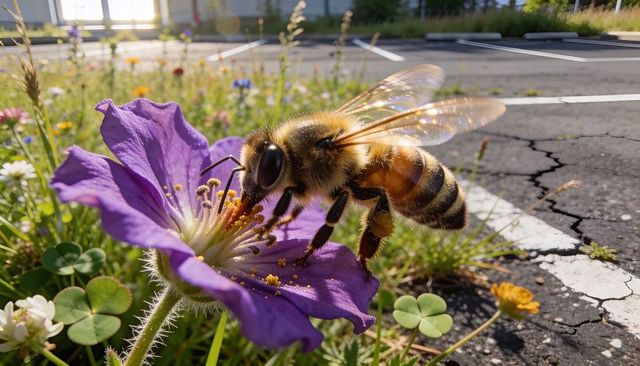 Honey bee collecting nectar on purple wildflower at roadside verge with sunlit wings