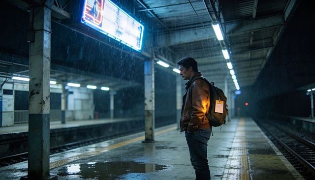 Solitary Commuter Waiting on Rain-Soaked Urban Train Platform Under Neon Lights