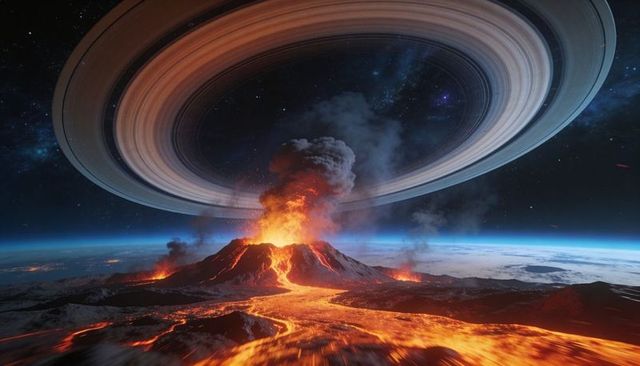 Erupting volcano on alien planet with lava rivers, ash plume and ring system