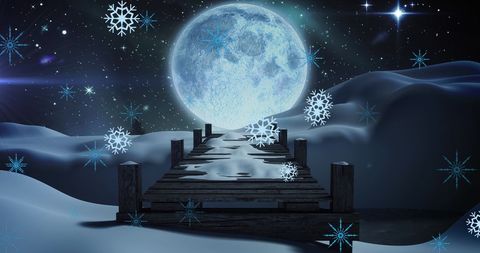 Magical Winter Night with Moonlit Snowflakes and Wooden Bridge - Download Free Stock Images Pikwizard.com