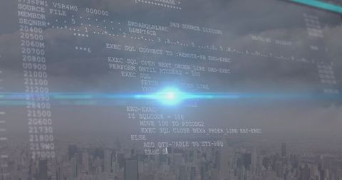 Digital Interface with Data Processing Overlay on City Skyline