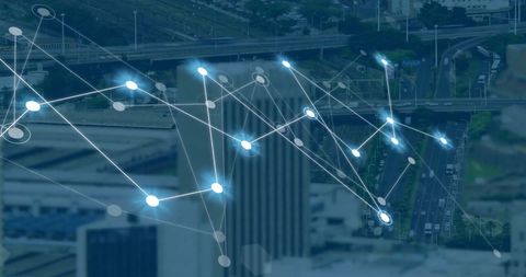 Network Connections Flowing Over Modern Cityscape