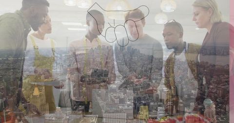 Diverse Team Collaboration with Cityscape & Follow Icon Concept