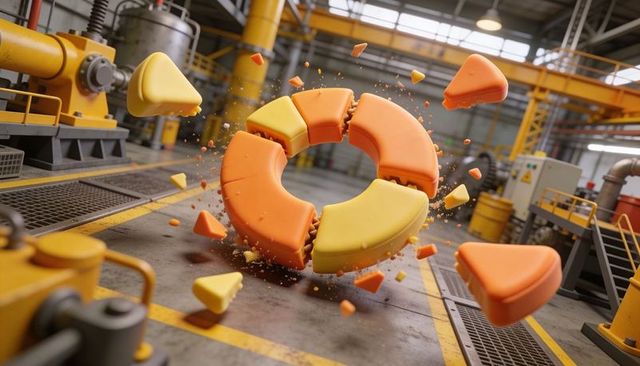 Floating segmented torus shattering into orange and yellow wedges in industrial workshop