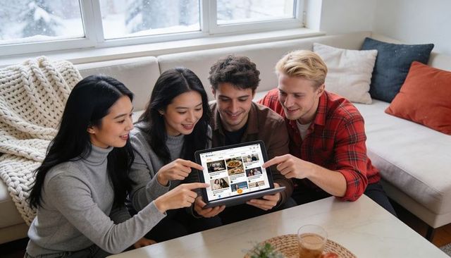 Friends browsing content on tablet and laughing in cozy winter living room