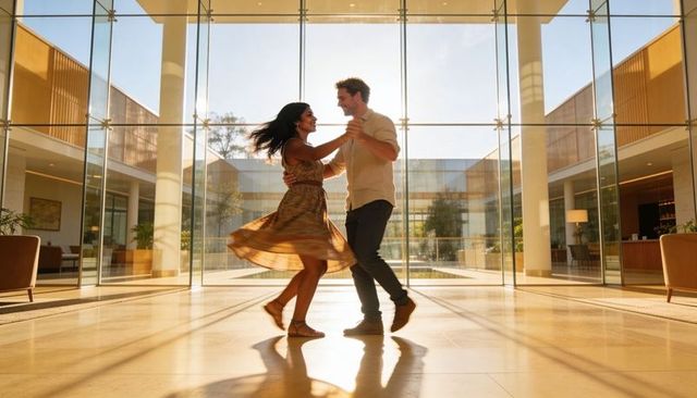 Sunlit couple dancing in glass atrium, spinning woman in sundress, romantic motion