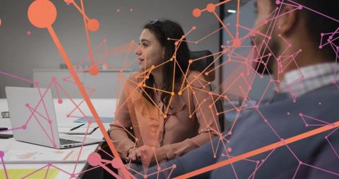 Businesswoman Leading Data-Driven Meeting with Network Visualization Overlay, Team Collaboration
