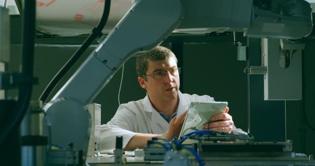 Engineer Using Tablet to Operate Industrial Robot in Factory - Download Free Stock Images Pikwizard.com