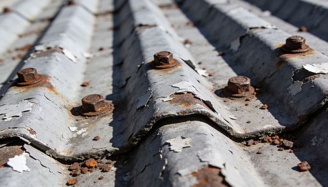 Weathered corrugated metal roof with peeling paint and rusted bolts close-up texture