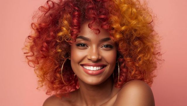 Smiling woman with curly hair and gold earrings portrait