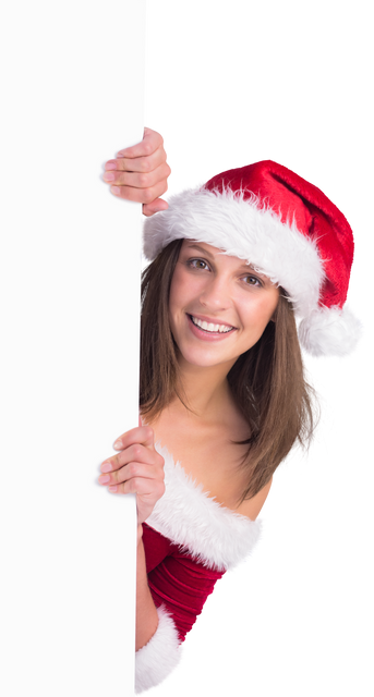 Smiling Festive Woman in Santa Hat Holding Transparent Poster - Download Free Stock Videos Pikwizard.com