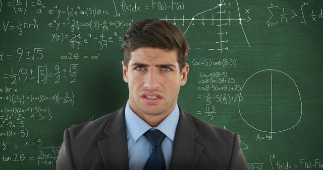 Confused Businessman in Front of Chalkboard with Math Formulas - Download Free Stock Images Pikwizard.com