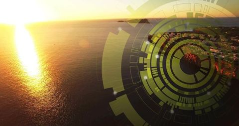 Circular hud overlay hovering above coastal village at golden hour with drone perspective