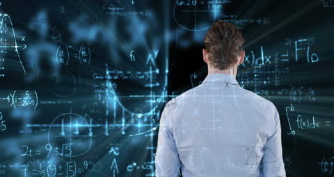 Businessman Analyzing Complex Mathematical Formulas in Virtual Space