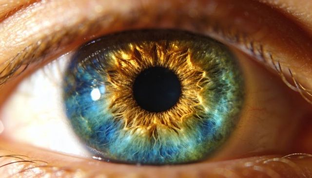 Macro multicolor human iris closeup showing golden radial streaks and blue-green texture