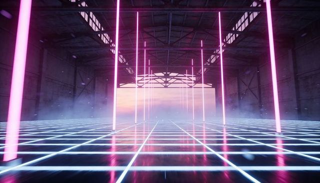 Neon grid hangar with pink vertical lights creating retrofuturistic perspective
