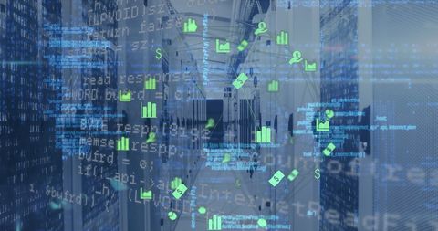 Global Finance Icons Overlaying Modern Server Room - Download Free Stock Images Pikwizard.com
