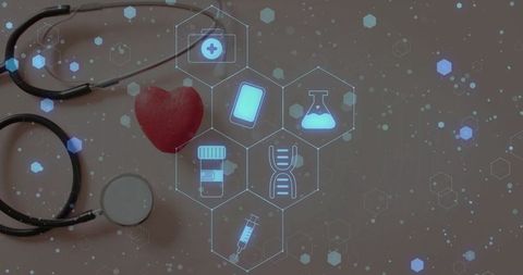 Digital interface with medicine icons and stethoscope