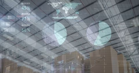 Financial Data Visuals in Futuristic Warehouse Environment