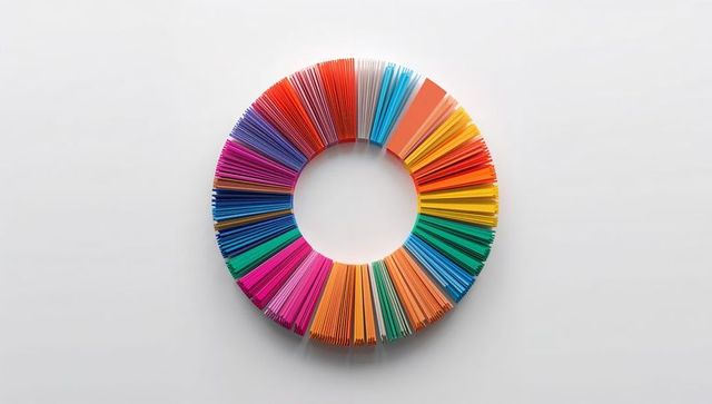 Multicolor paper strip donut ring forming radial rainbow wheel for design and branding
