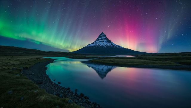Aurora over conical snow-capped mountain reflecting in calm river under starry night