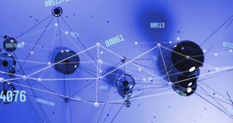Glossy dark spheres forming 3d network visualizing data connections with numeric tags