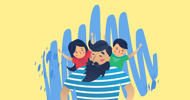 Illustration of father with joyful children and blue scribbles against beige background, copy space. Family, love, togetherness, childhood, happy, holiday and awareness concept.