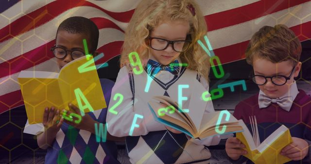 Diverse Group of Children Reading Books in Front of Flag - Download Free Stock Images Pikwizard.com