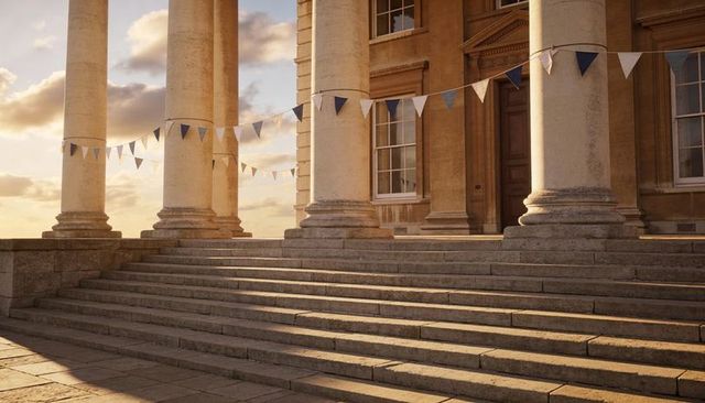 Sunlit neoclassical portico with wide stone steps and decorative bunting at golden hour