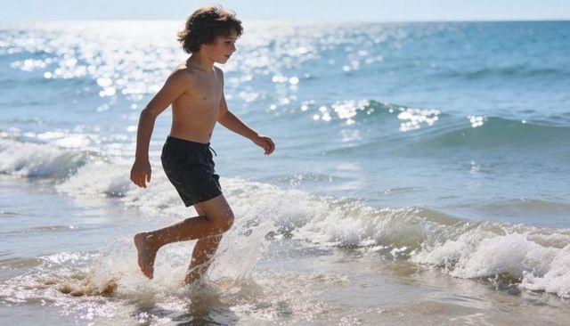 Teen boy running along sunlit coastline splashing in shallow ocean waves carefree summer
