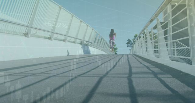 Woman Walking on Empty Bridge with Financial Data Overlay - Download Free Stock Images Pikwizard.com