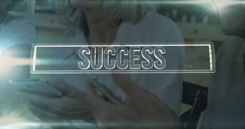 Senior group using smartphones in coffeehouse with success overlay for digital inclusion