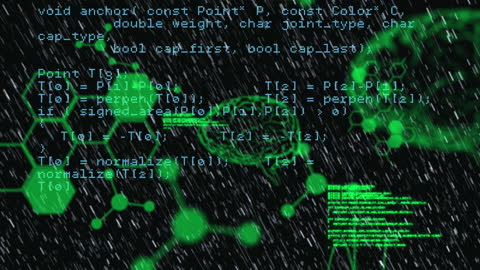 Digital Code Animation with Scientific Visualization on Black Background