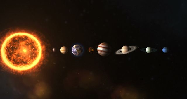 Perfectly aligned planets of solar system revealing detailed celestial bodies against dark space background. Useful for educational materials, astronomy presentations, or science-themed designs.