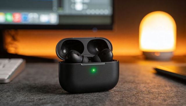 Matte black wireless earbuds charging case with green led sitting on felt desk beside lamp