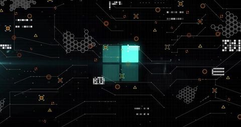 Pulsing teal core grid connecting orange nodes and hex clusters for futuristic interface