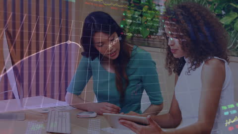 Businesswomen Analyzing Financial Data in Modern Office with Graph Overlay