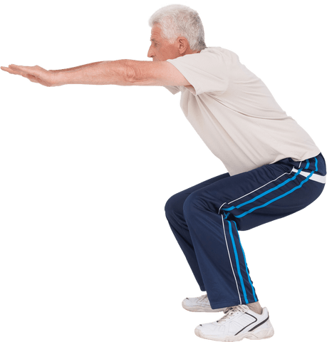 Senior Man Performing Squat in Sportswear Transparent Background